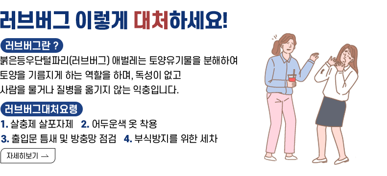[제목] 러브버그 이렇게 대처하세요!  [내용] 러브버그란 ? 붉은등우단털파리(러브버그) 애벌레는 토양유기물을 분해하여 토양을 기름지게 하는 역할을 하며, 독성이 없고 사람을 물거나 질병을 옮기지 않는 익충입니다.  러브버그대처요령 1. 살충제 살포자제, 2. 어두운색 옷 착용 3. 출입문 틈새 및 방충망 점검, 4. 부식방지를 위한 세차  [자세히 보기]